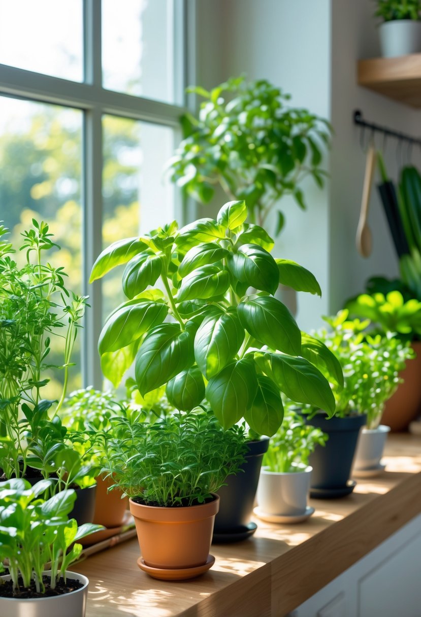 A variety of fresh edible plants including basil growing indoors on a sunny windowsill in pots.