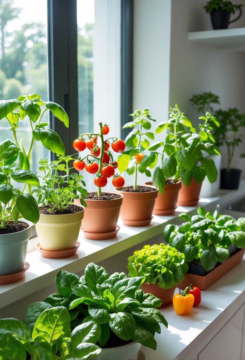 A variety of healthy edible plants growing indoors in pots and containers near a sunny window.