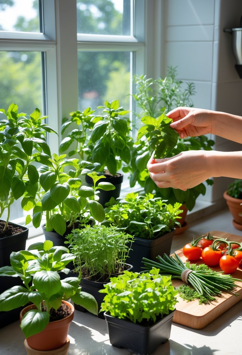 Hands harvesting fresh edible plants growing in pots on a sunny kitchen windowsill with various herbs and vegetables.