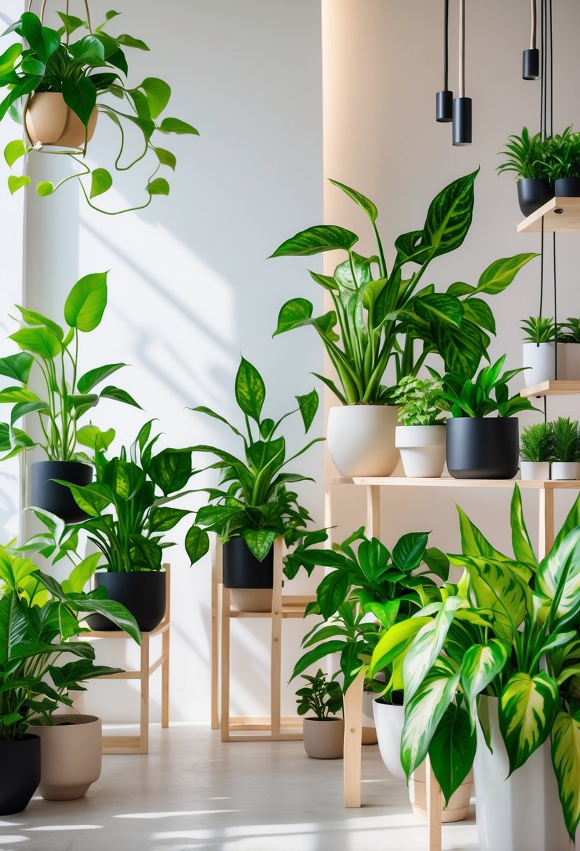 A variety of healthy indoor plants thriving in a sunless room with soft indirect lighting and minimalist decor.