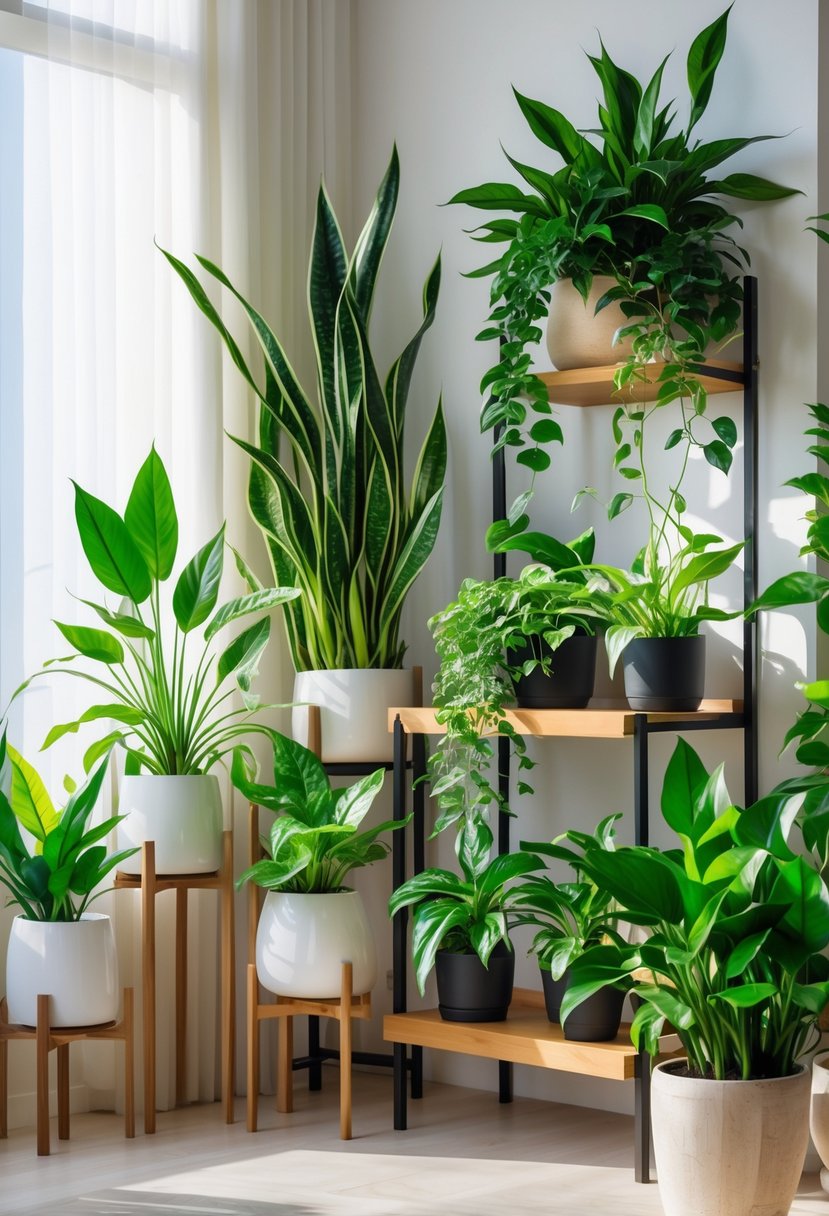 A collection of healthy indoor plants thriving in a bright room without direct sunlight, displayed on shelves and plant stands.