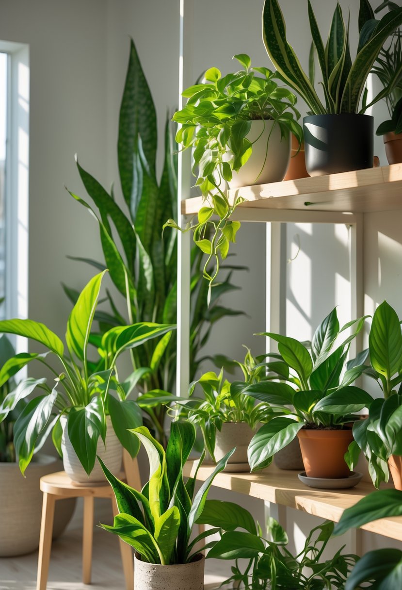 A collection of healthy indoor plants thriving in a softly lit room with no direct sunlight.