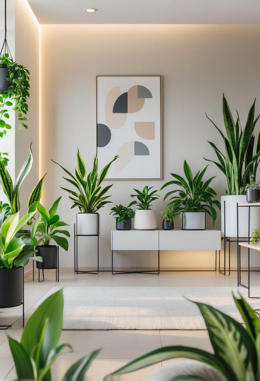 Indoor room with thriving low-light plants arranged on shelves and tables, illuminated by artificial lighting.