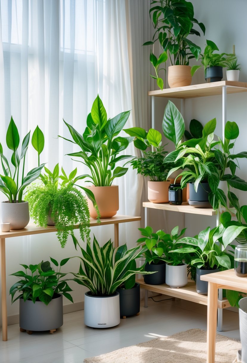 A variety of healthy indoor plants thriving in a bright room with soft indirect light and minimal decor.