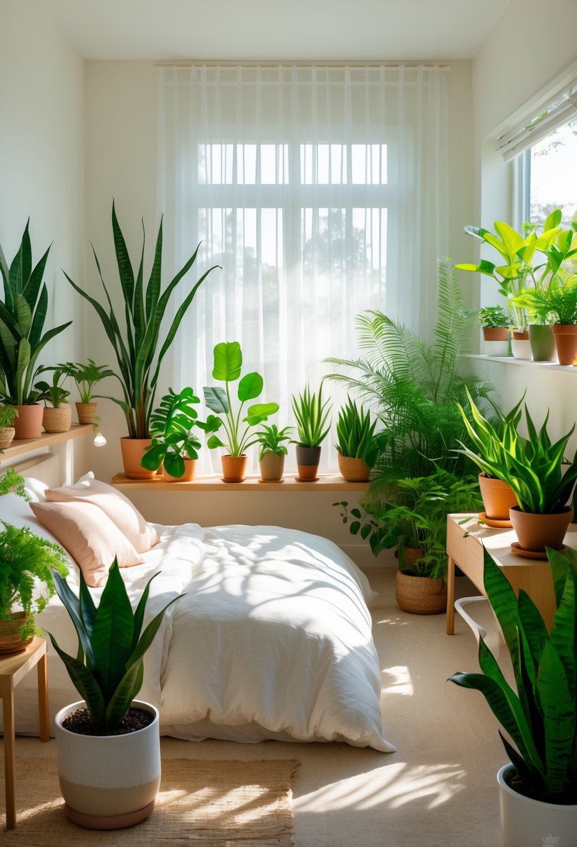 A bright bedroom with a cozy bed surrounded by various green potted plants near windows and shelves.