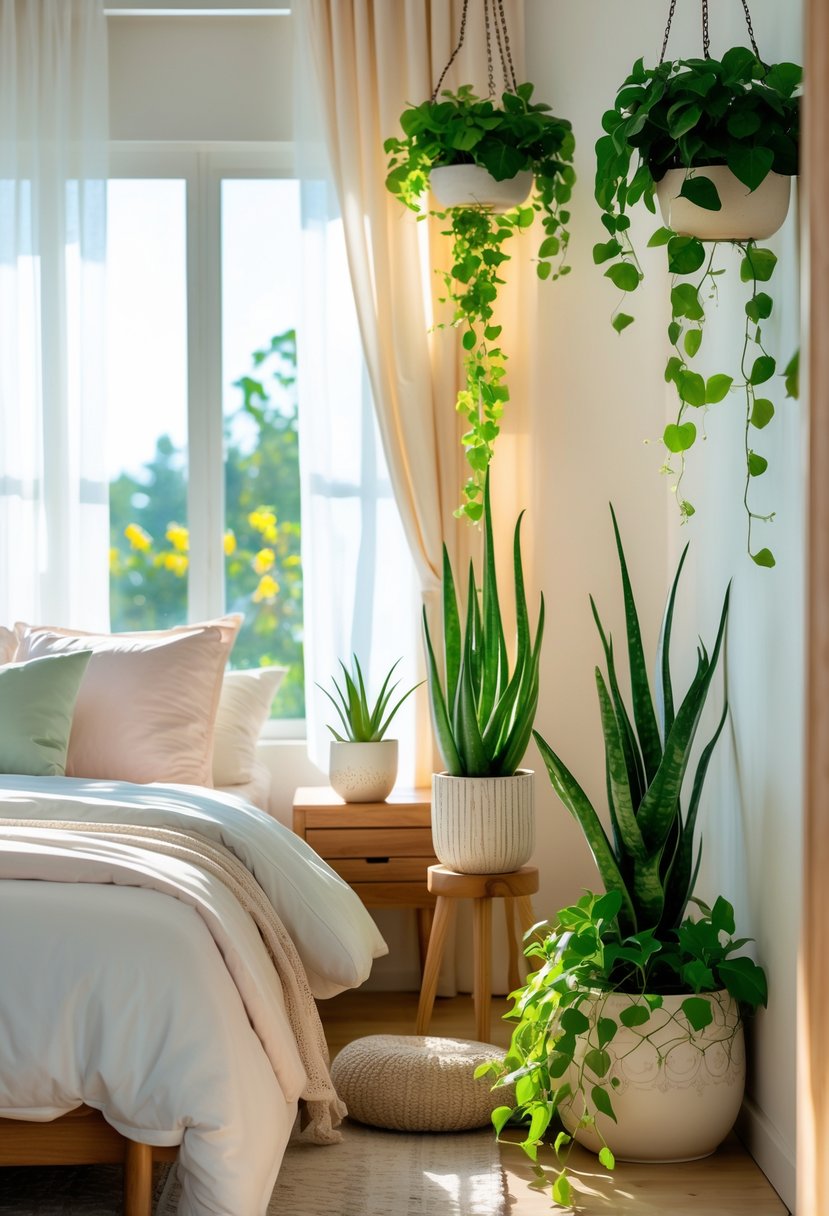 A bright bedroom with a cozy bed and various healthy green plants placed around the room, including aloe vera, snake plant, and hanging ivy, illuminated by natural sunlight.