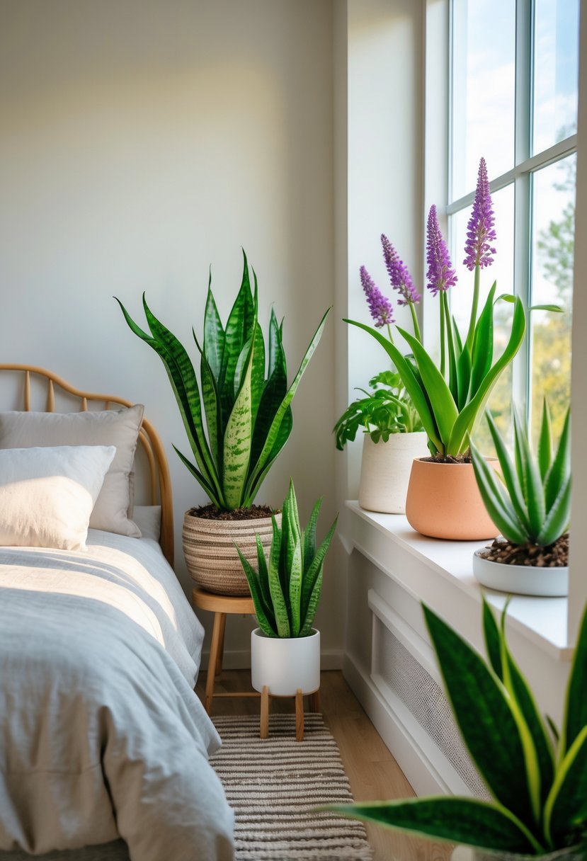 A bright bedroom with several healthy green plants including a snake plant, lavender, aloe vera, and peace lily arranged around the room creating a calm and relaxing atmosphere.