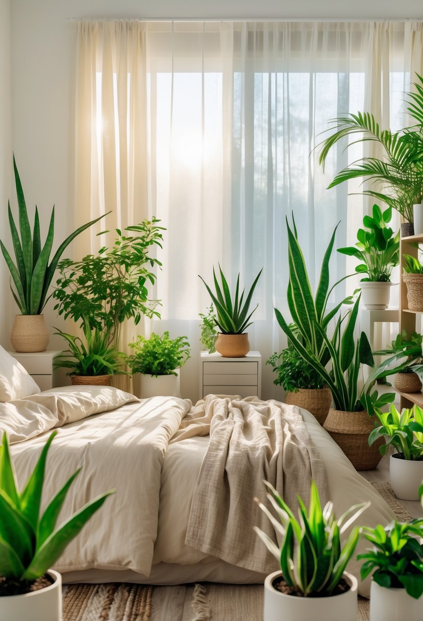 A peaceful bedroom with a neatly made bed surrounded by various green plants placed on tables and shelves, illuminated by soft natural light.