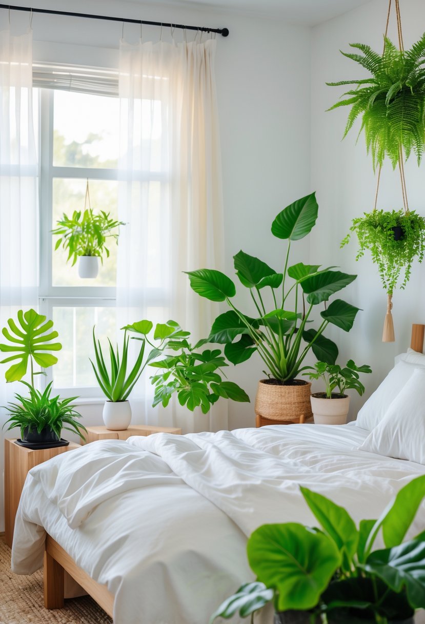 A bedroom with a bed, nightstand, and several healthy green plants placed near a window and around the room.