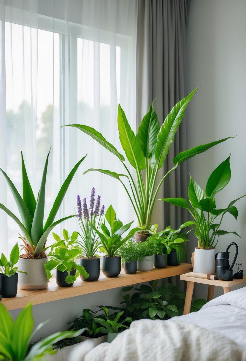 A sunlit bedroom with various healthy indoor healing plants arranged on shelves and near a window, creating a calm and peaceful atmosphere.