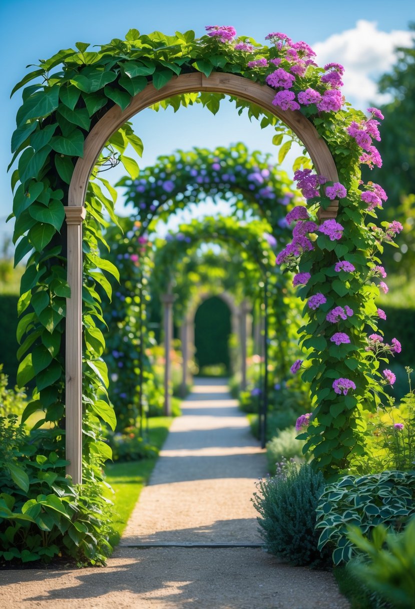 A garden scene with ten different climbing plants growing on wooden and iron arches, displaying green leaves and colorful flowers under a clear sky.