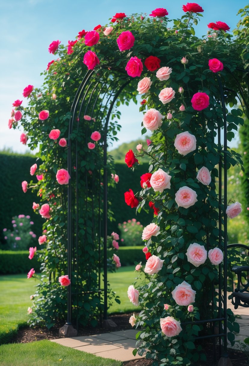 Ten climbing rose plants with colorful flowers growing on a garden arch in a sunny garden.