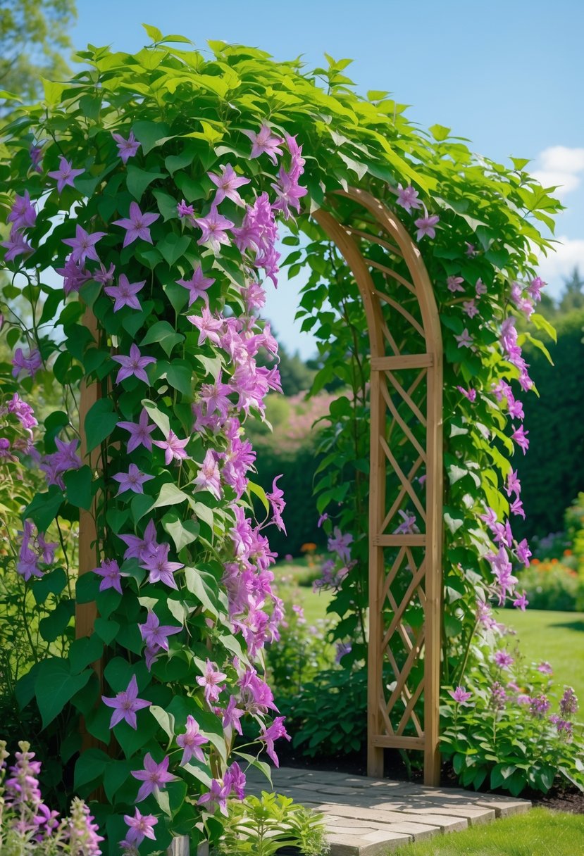 A garden arch covered with ten lush clematis climbing plants with green leaves and colorful flowers in a sunny outdoor setting.