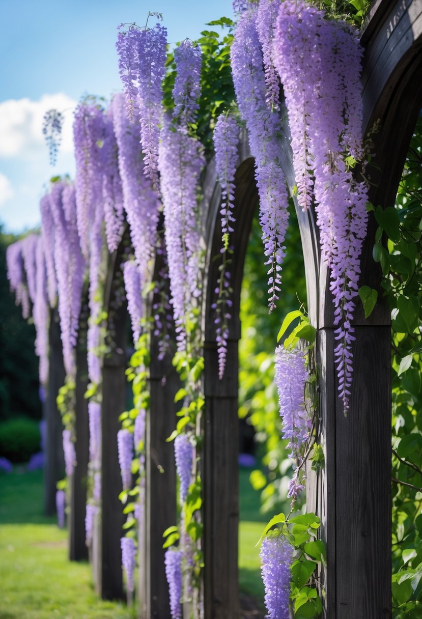 Ten lush wisteria climbing plants with purple flowers growing on wooden garden arches in a sunny outdoor setting.