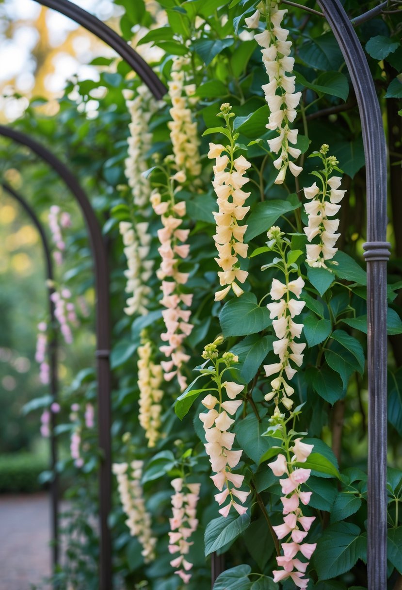 A garden arch covered with ten lush honeysuckle climbing plants bearing green leaves and white, yellow, and pink flowers.