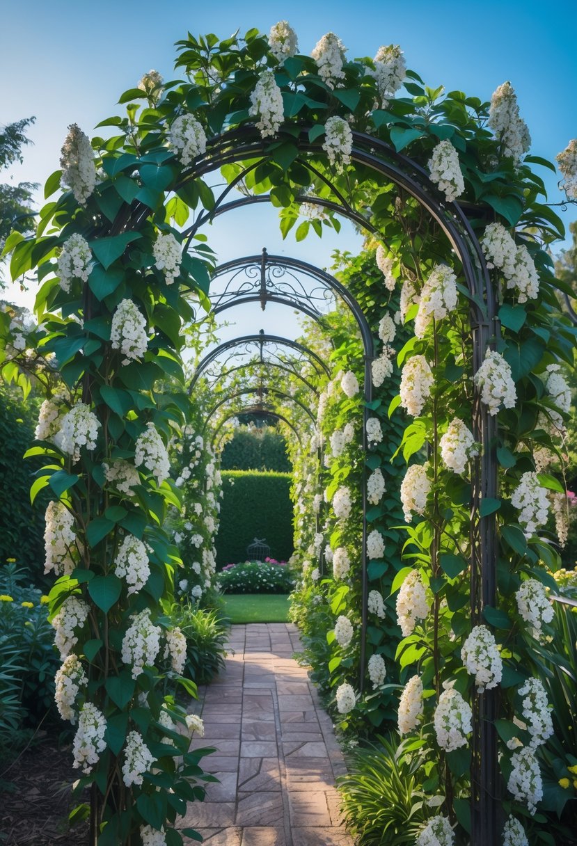 A garden scene with ten lush jasmine climbing plants growing on decorative arches, featuring green leaves and white flowers.
