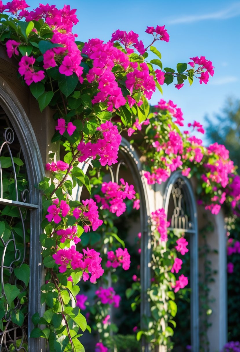 Ten vibrant bougainvillea climbing plants with pink and magenta flowers growing on garden arches under a clear blue sky.