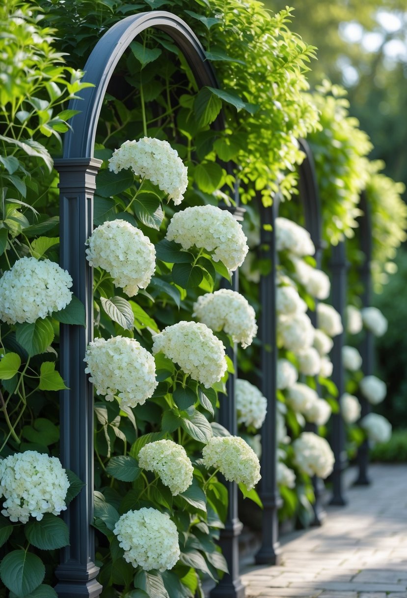 Ten climbing hydrangea plants with white flowers growing on garden arches in a bright outdoor setting.