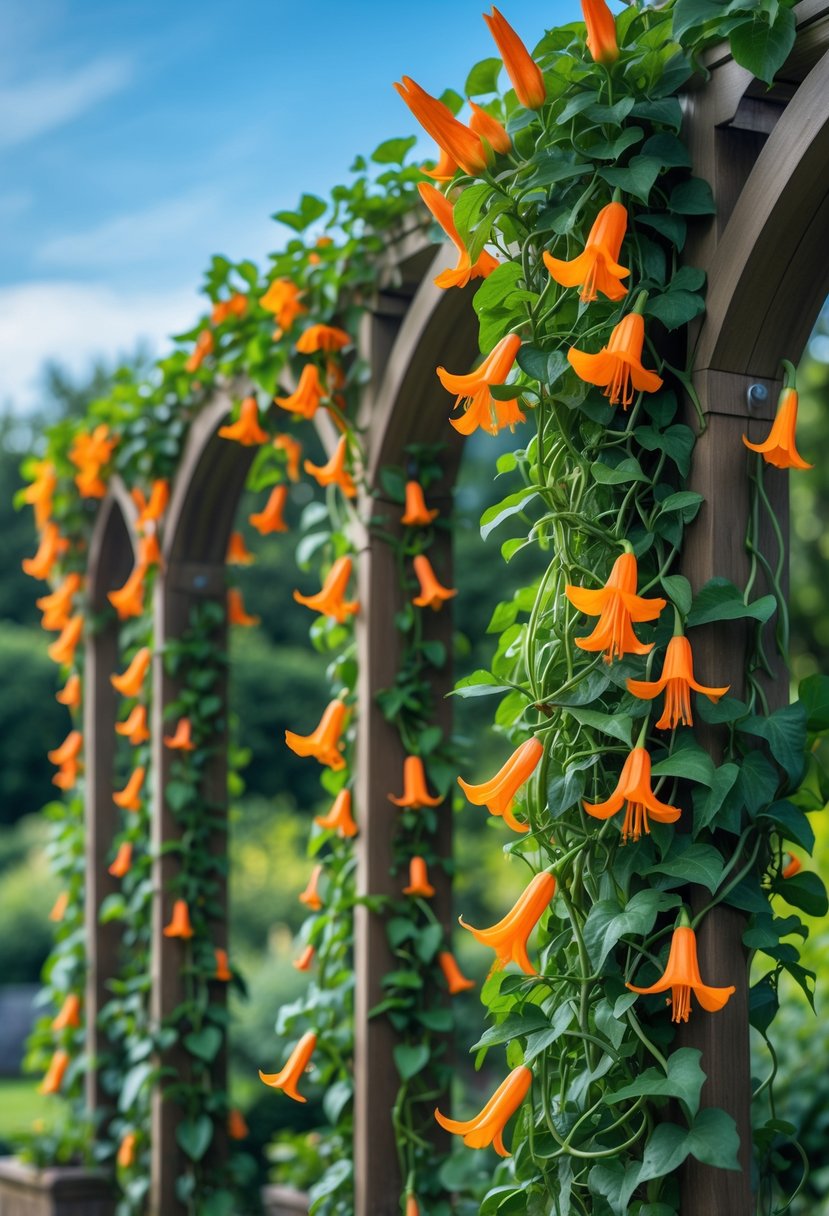Ten lush trumpet vine plants with vibrant orange flowers climbing over garden arches in a sunny outdoor setting.
