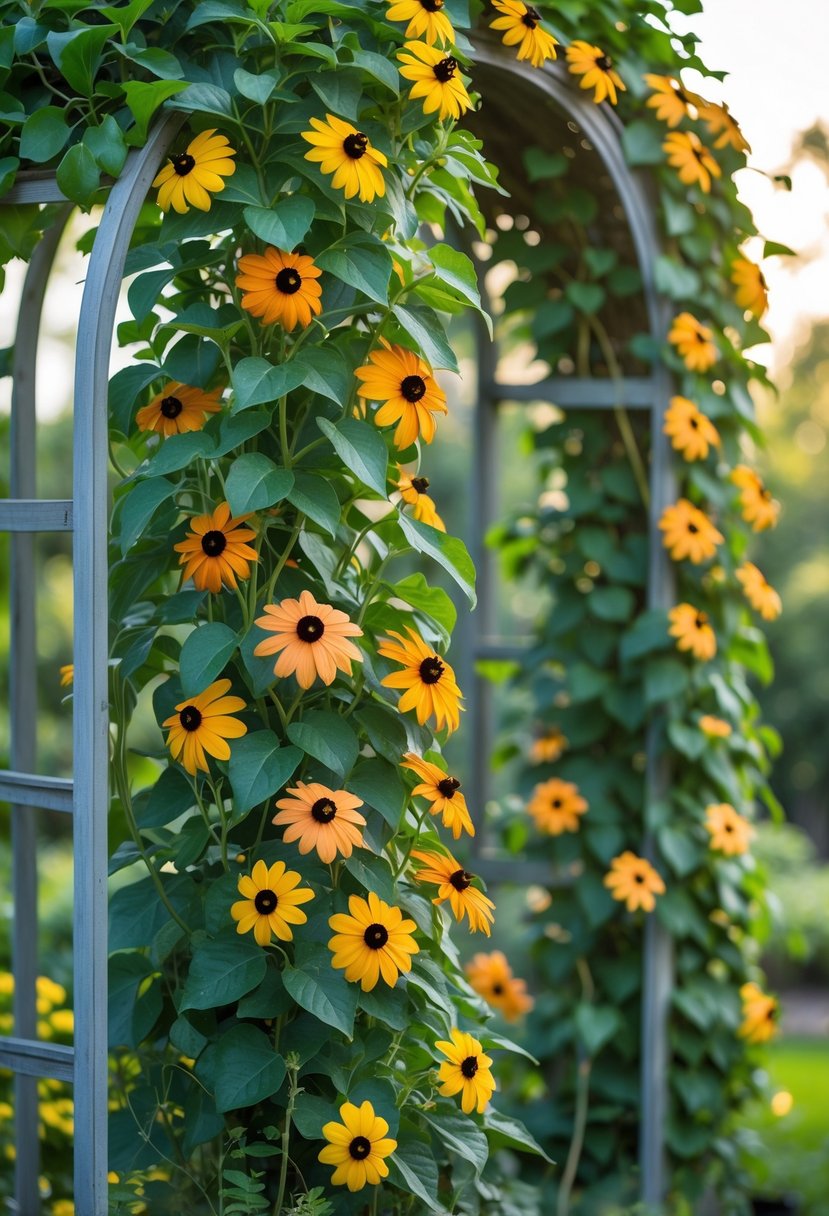 Ten lush Black-eyed Susan Vine plants with yellow-orange flowers climbing over a garden arch.