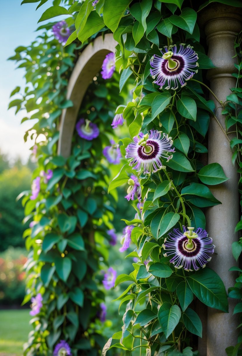 Ten lush passionflower climbing plants with vibrant purple and white flowers covering a garden arch outdoors.