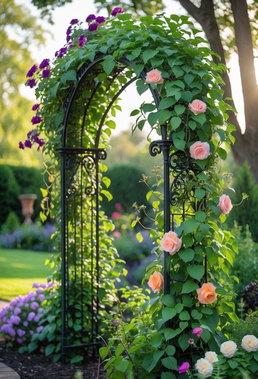 A garden arch covered with lush climbing plants and colorful flowers in a sunny garden setting.