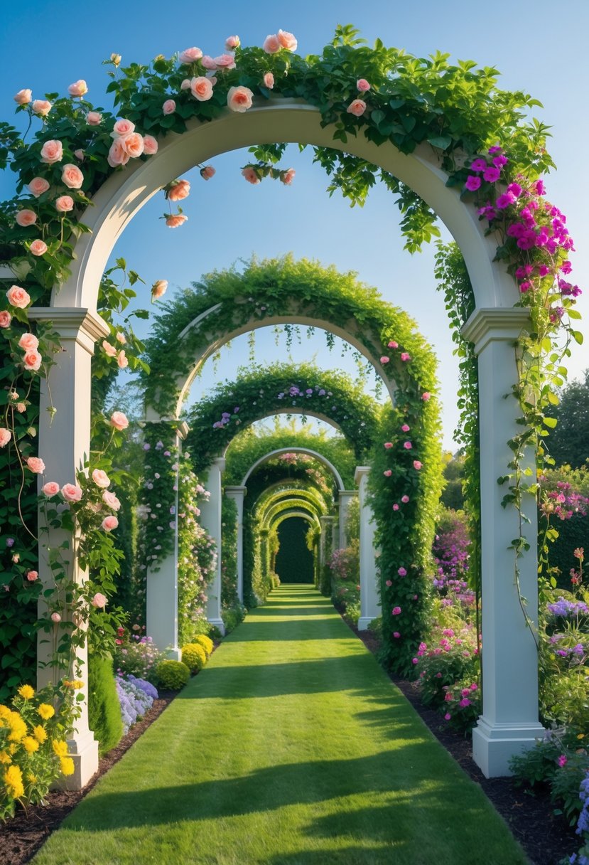 Ten different climbing plants growing densely on garden arches in a sunny outdoor setting.