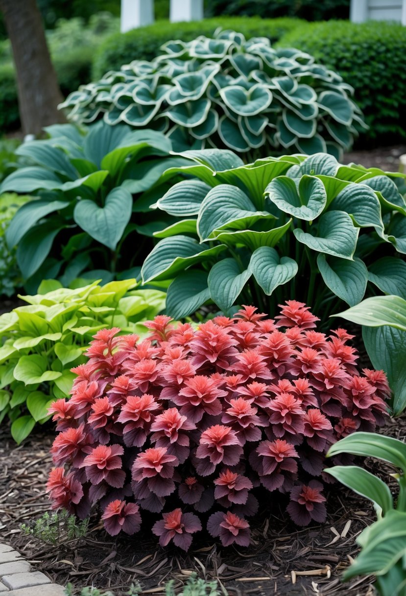 A front yard garden bed with colorful coral bells plants alongside large green hosta leaves in a shaded area.