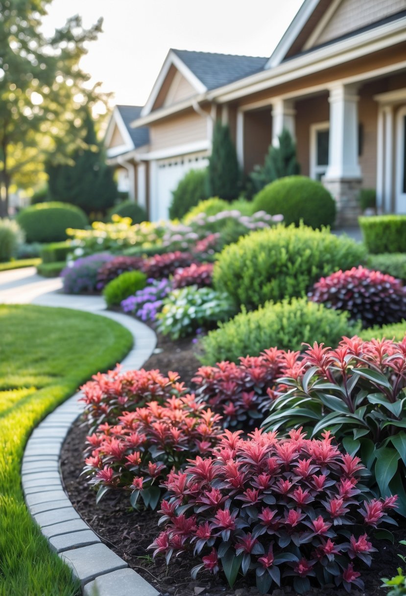 Front yard landscaping with smaller Coral Bells plants arranged in a garden bed near a suburban house and stone pathway.