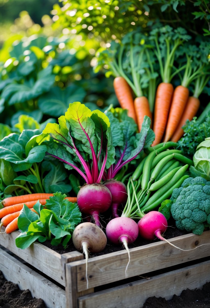 A garden scene showing fresh beets and ten other vegetables arranged together in a wooden crate outdoors.