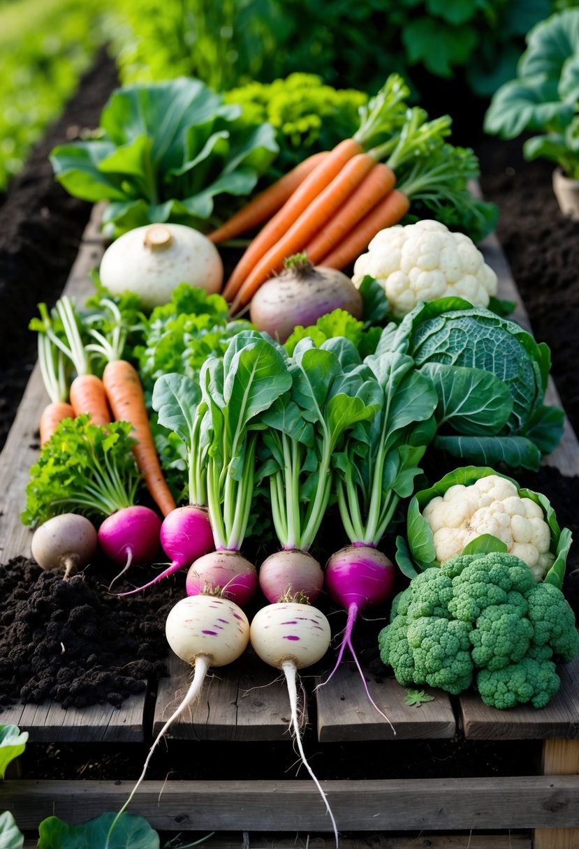 A variety of fresh vegetables including turnips arranged outdoors on a wooden table with soil and green plants in the background.