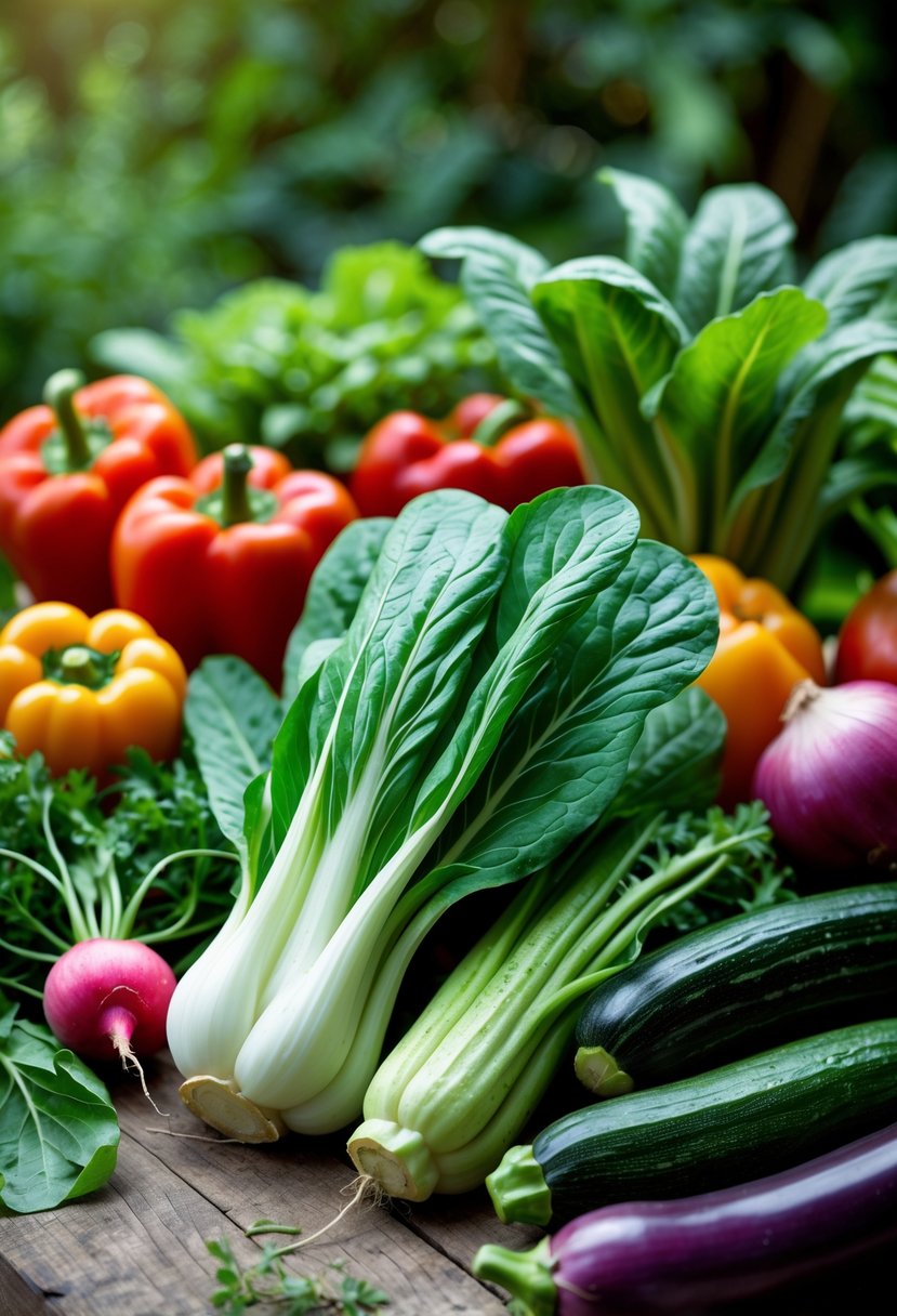 A variety of fresh vegetables including bok choy arranged on a wooden table with garden plants in the background.