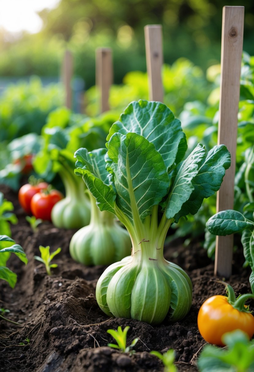 Fresh kohlrabi plants growing in a garden bed surrounded by other vegetable plants under natural sunlight.
