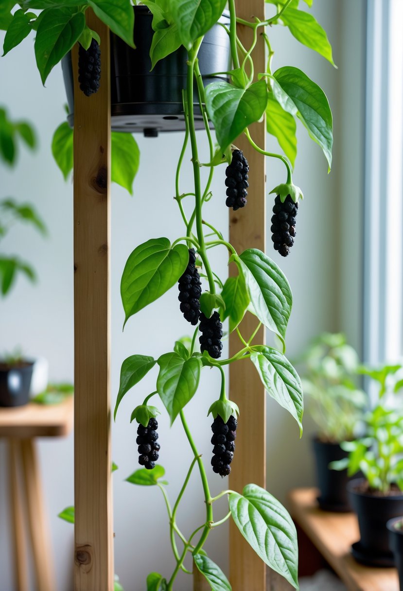 A healthy black pepper plant with green leaves and small peppercorn clusters growing indoors near a window.