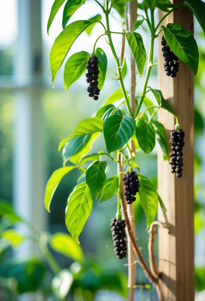 A black pepper plant with green leaves and black peppercorn clusters growing indoors on a wooden support near a bright window.