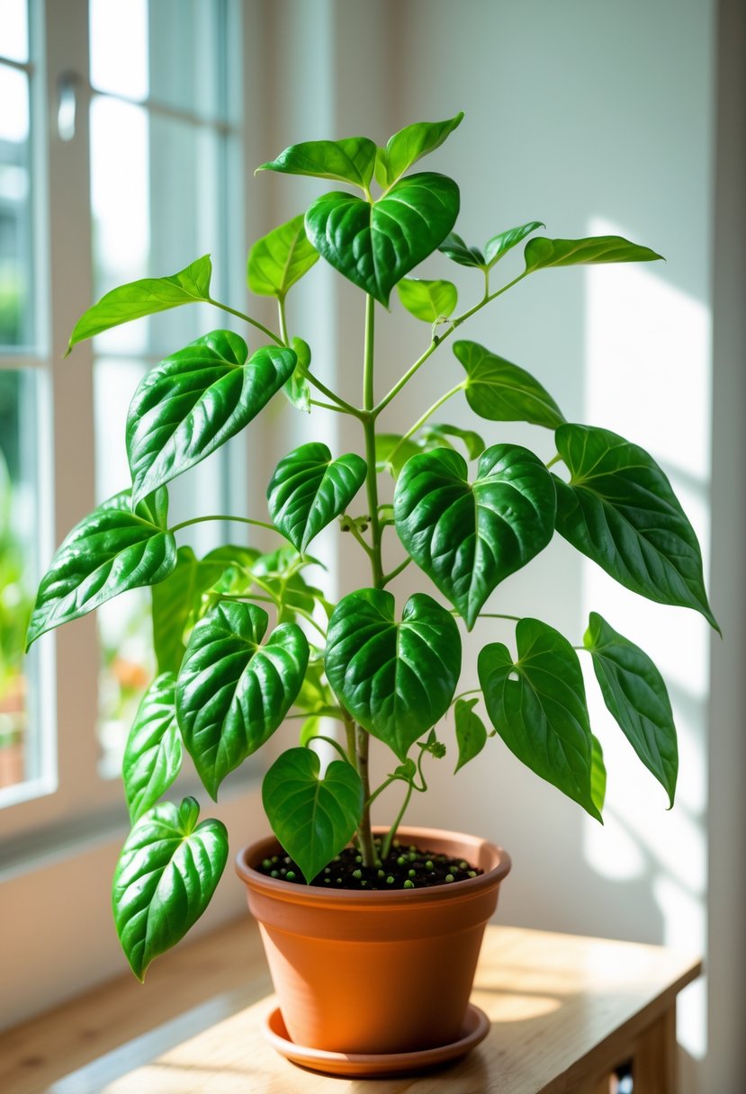 A healthy black pepper plant with green leaves and peppercorn clusters growing in a pot on a wooden table near a sunlit window inside a home.