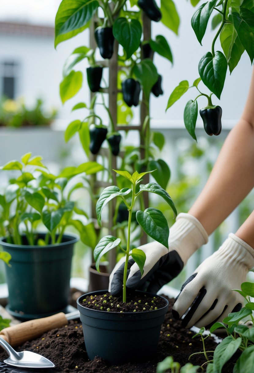 Hands planting a black pepper seedling in soil inside a pot with gardening tools nearby and healthy black pepper vines growing on a support in the background.