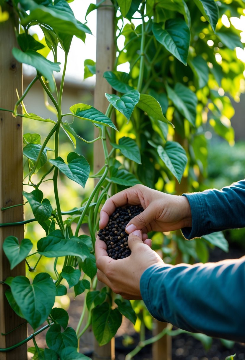 Hands harvesting ripe black peppercorns from green pepper vines growing on a wooden support in a home garden.