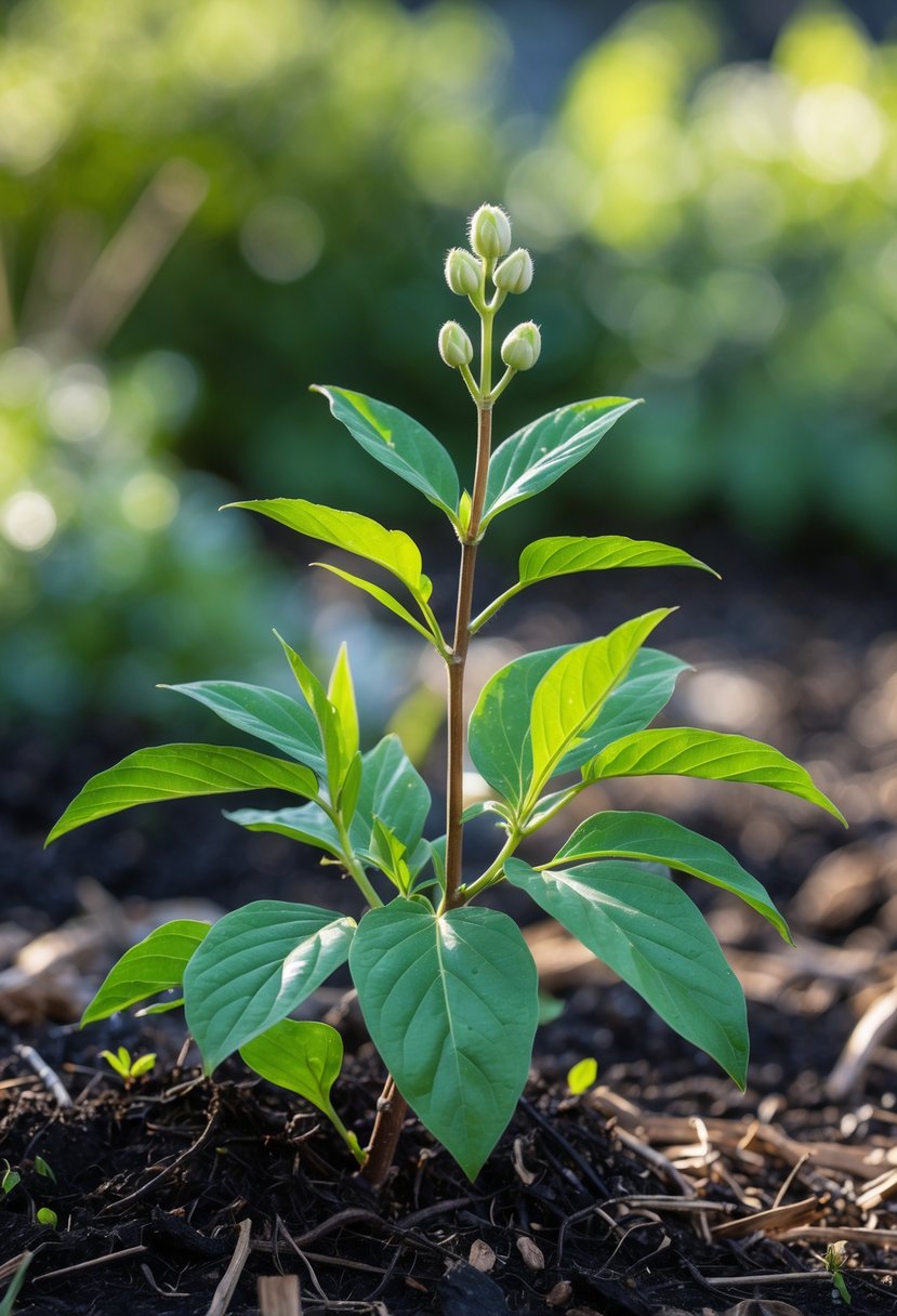 A cloves plant with green leaves and small flower buds growing in soil outdoors.