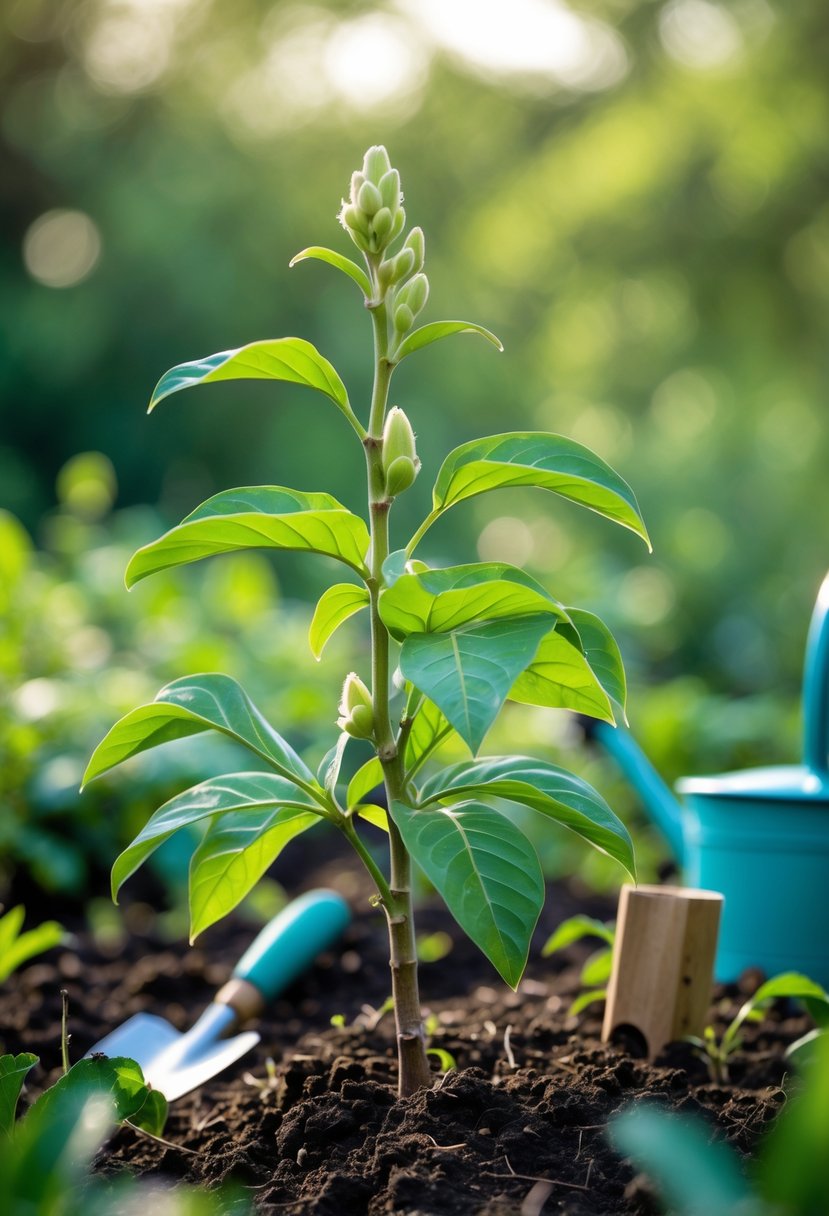 A healthy clove plant with green leaves and flower buds growing outdoors in rich soil with gardening tools nearby.