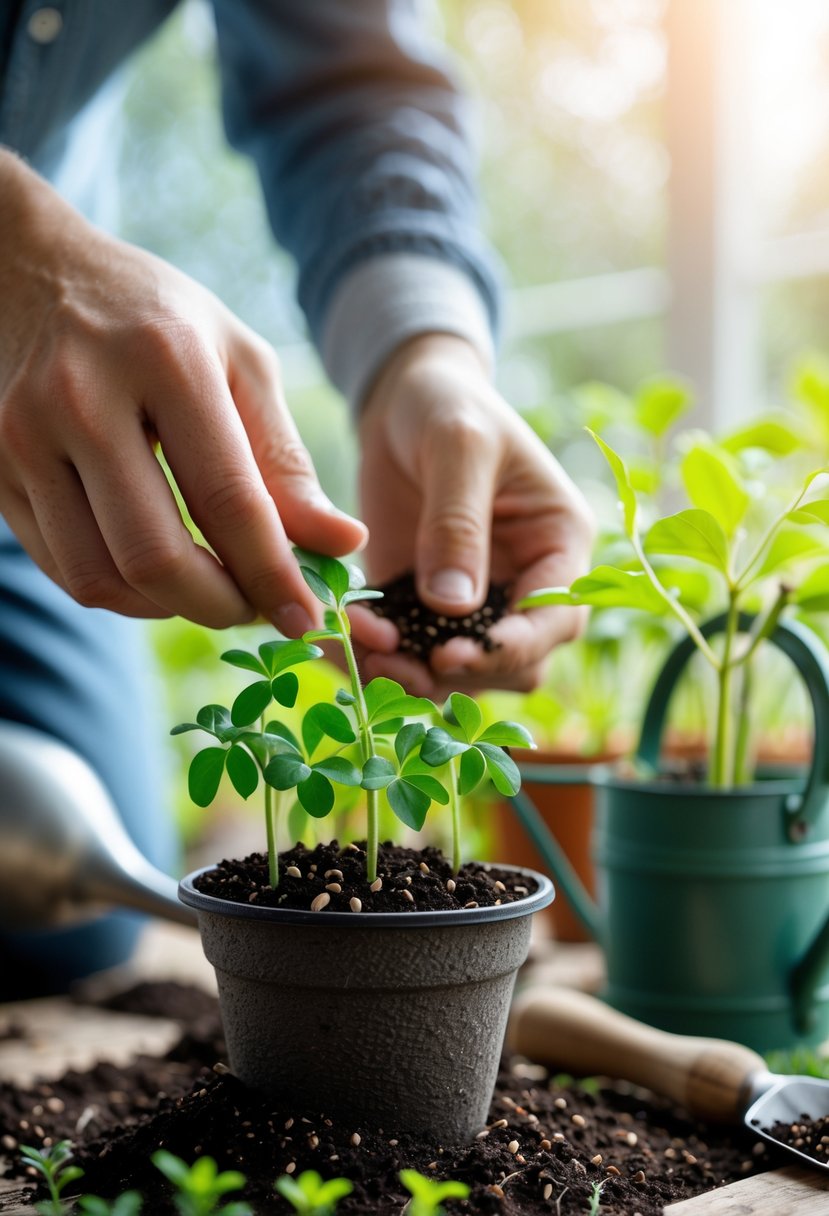 Hands planting clove seeds into soil with young clove seedlings and gardening tools nearby.