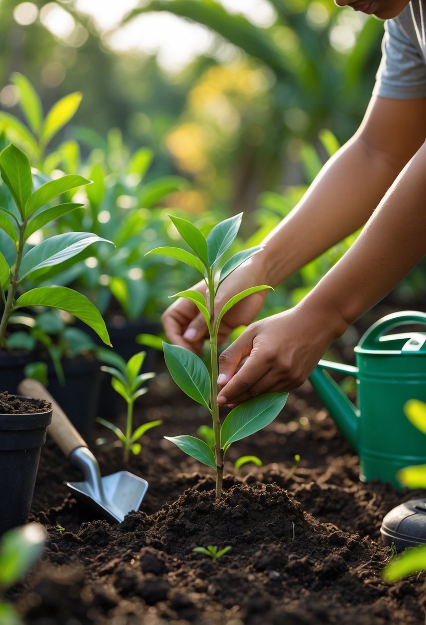 Hands planting a young clove plant in soil surrounded by green clove plants and gardening tools in a garden.