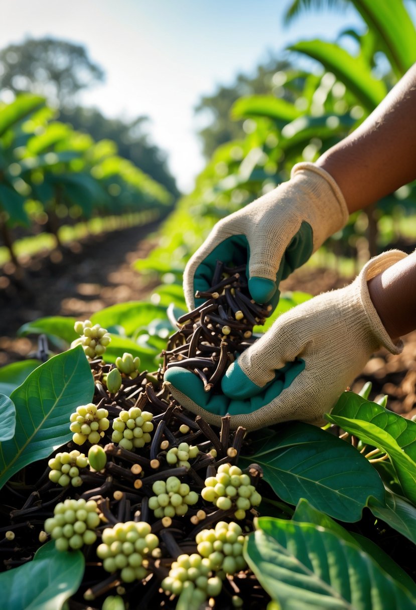 Close-up of hands harvesting ripe clove buds from green clove plants in a tropical plantation.