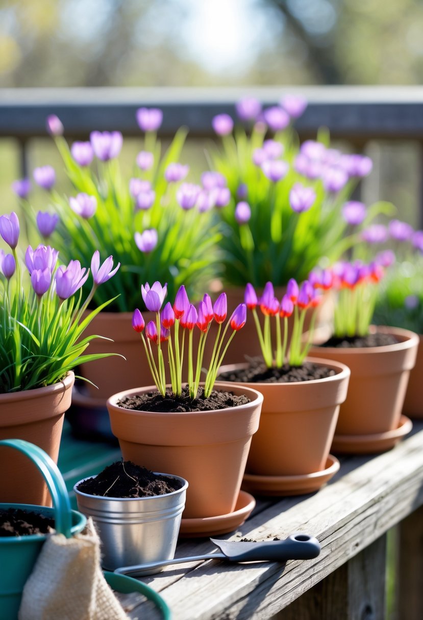 Close-up of several pots with blooming saffron plants placed on a wooden surface outdoors, with gardening tools nearby.