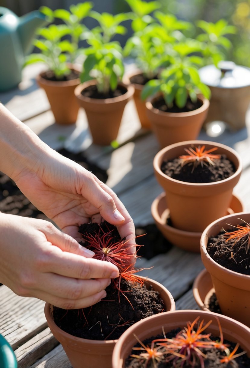 Hands planting saffron corms into small pots with soil on a wooden table, with green saffron plants growing in the background.