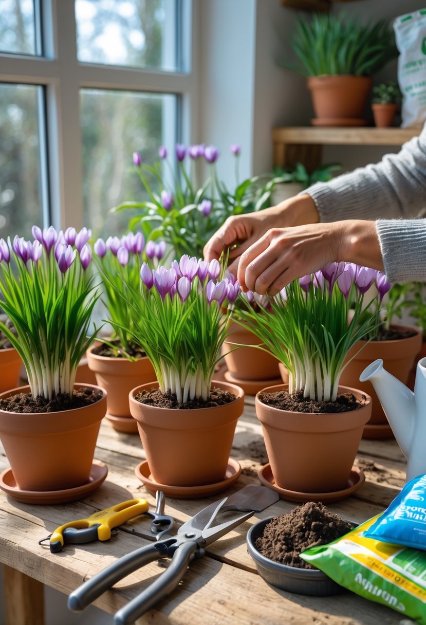 Hands tending to saffron plants growing in pots on a wooden table near a sunny window inside a home.