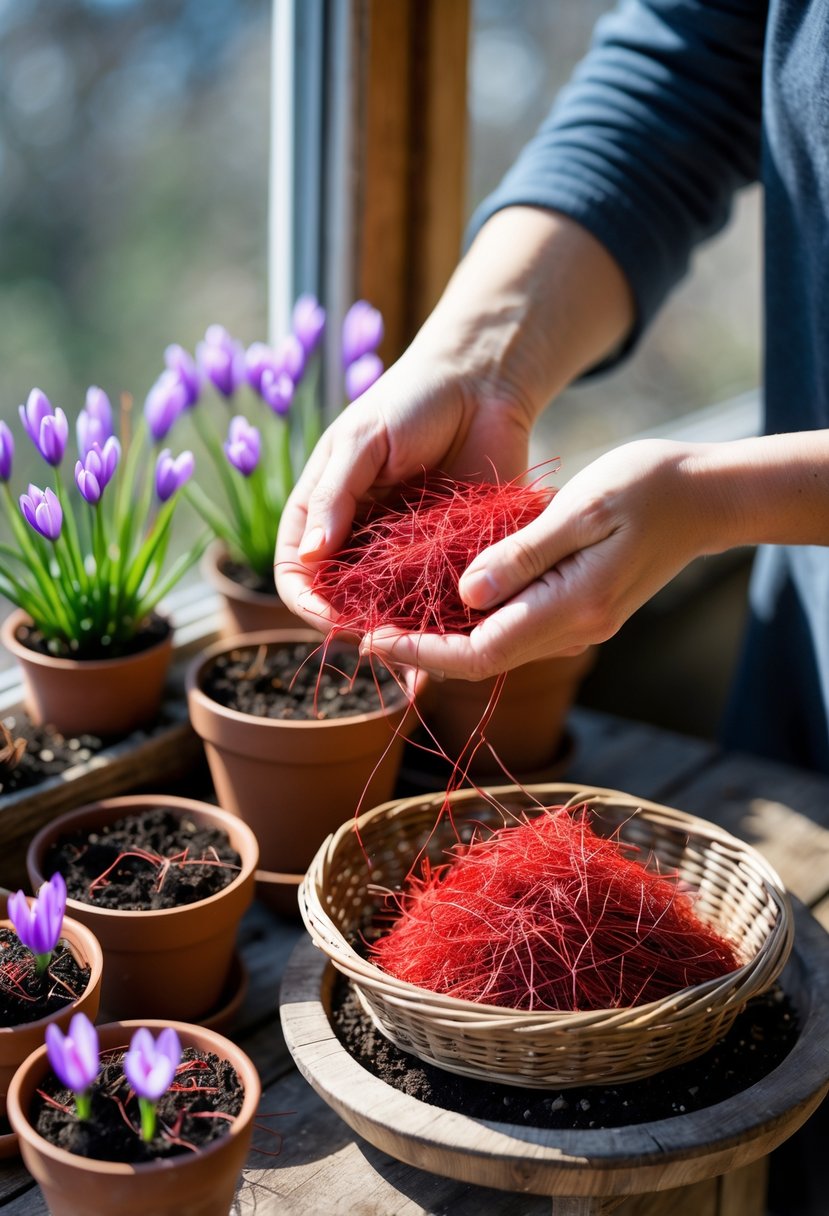 Hands harvesting red saffron threads from purple saffron flowers growing in containers on a windowsill with a basket of saffron threads nearby.