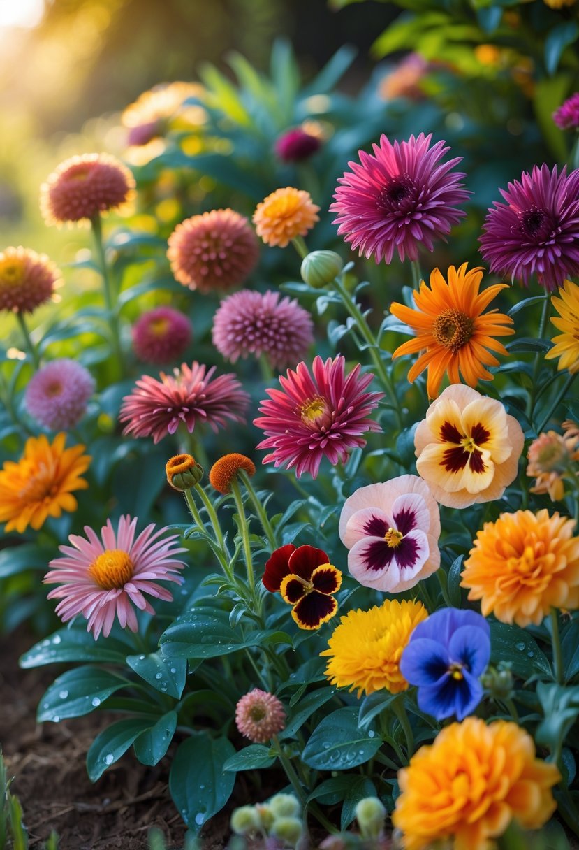A colorful garden scene featuring twelve different blooming flowers suitable for planting in September, with green leaves and soft sunlight.