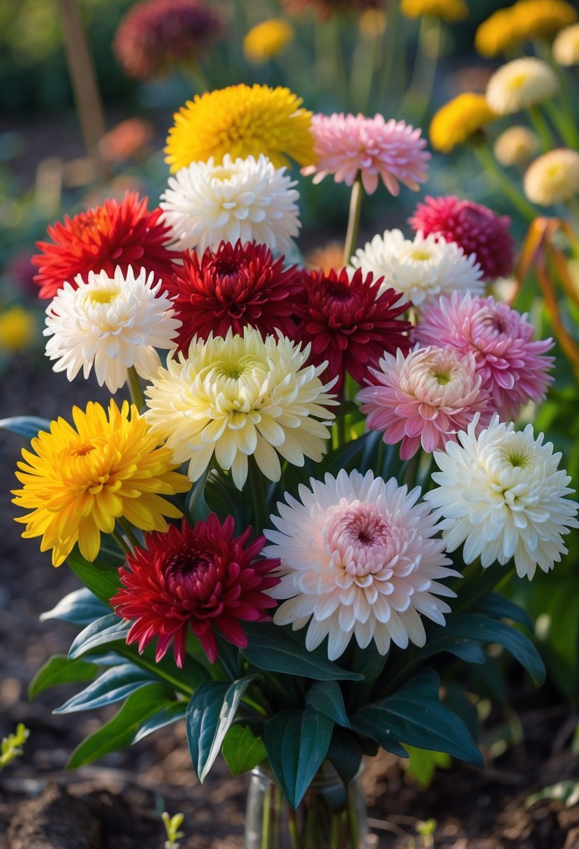 A bouquet of twelve colorful chrysanthemums blooming in a garden with green leaves and soft sunlight.
