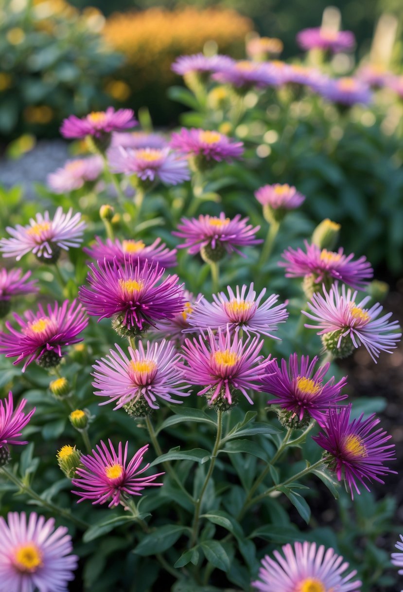 Close-up of colorful asters blooming in a garden with green leaves and soft sunlight.